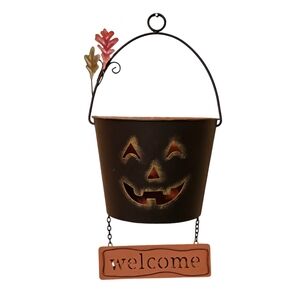 Fall Jack O Lantern Metal Bucket Welcome Hanging Sign For Wall/Door Cutout